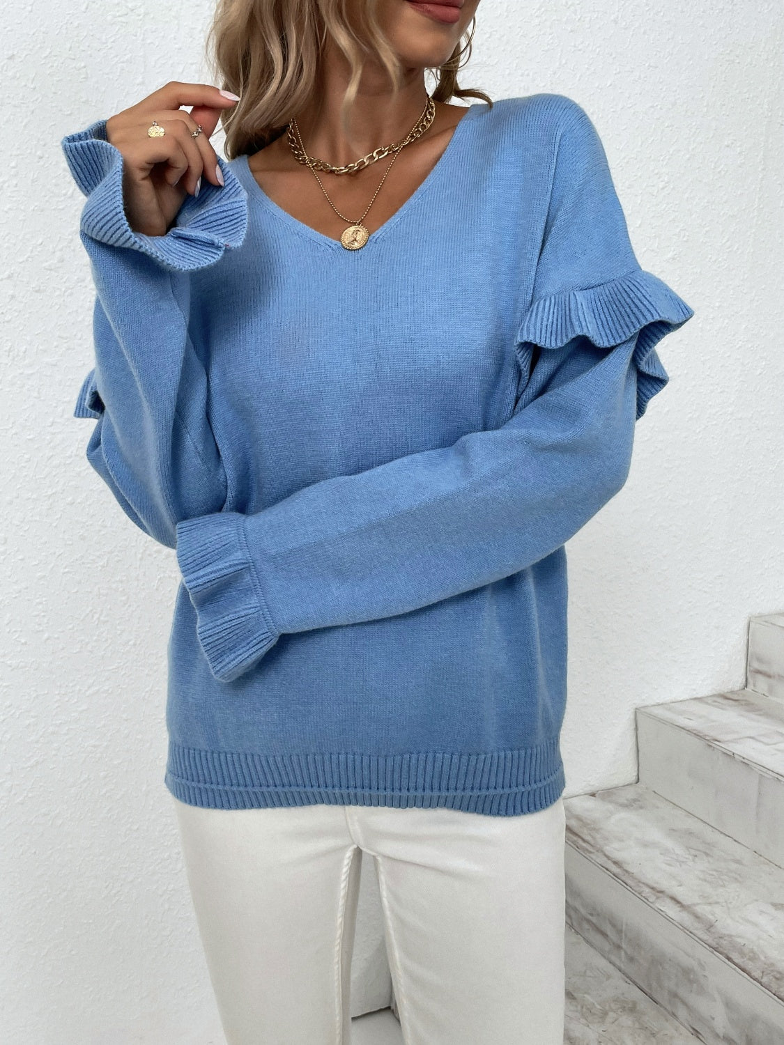 Ruffled V-Neck Dropped Shoulder Sweater