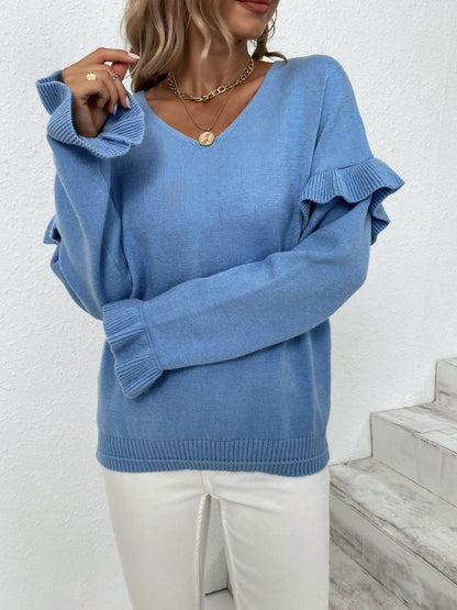 Ruffled V-Neck Dropped Shoulder Sweater