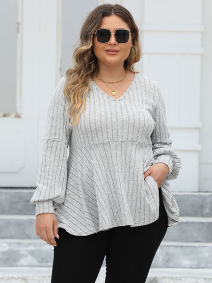 Plus Size Ribbed V-Neck Long Sleeve Blouse Light Gray