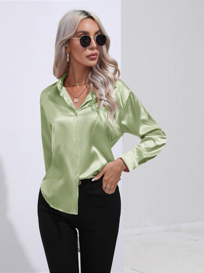 Collared Neck Buttoned Long Sleeve Shirt Light Green