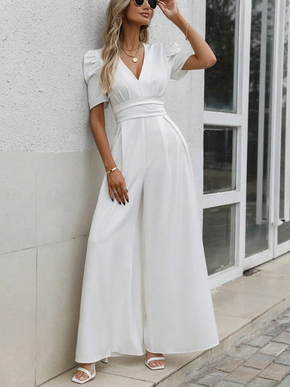 V-Neck Short Sleeve Wide Leg Jumpsuit