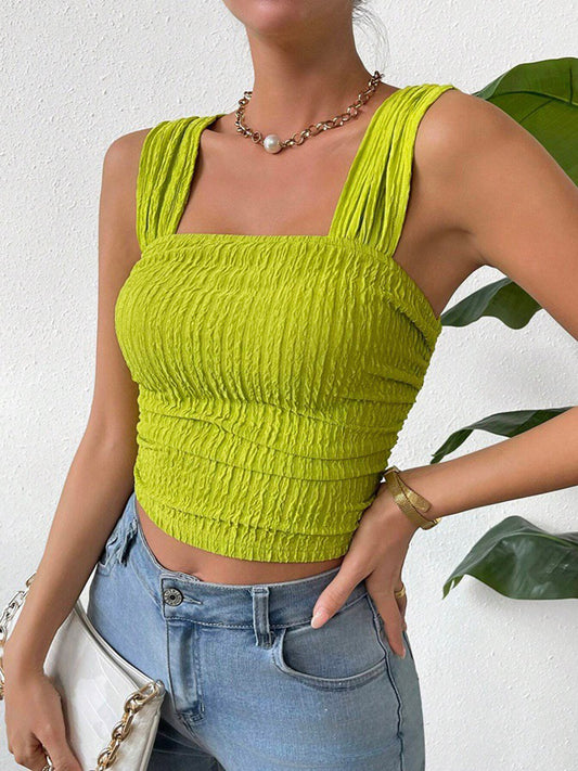 Textured Square Neck Wide Strap Tank Yellow-Green