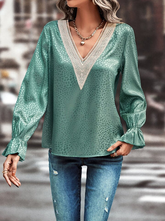 V-Neck Flounce Sleeve Blouse Turquoise