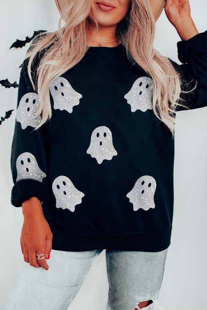 Black Glitter Ghost Pattern Crew Neck Halloween Sweatshirt Black 50%Polyester+50%Cotton