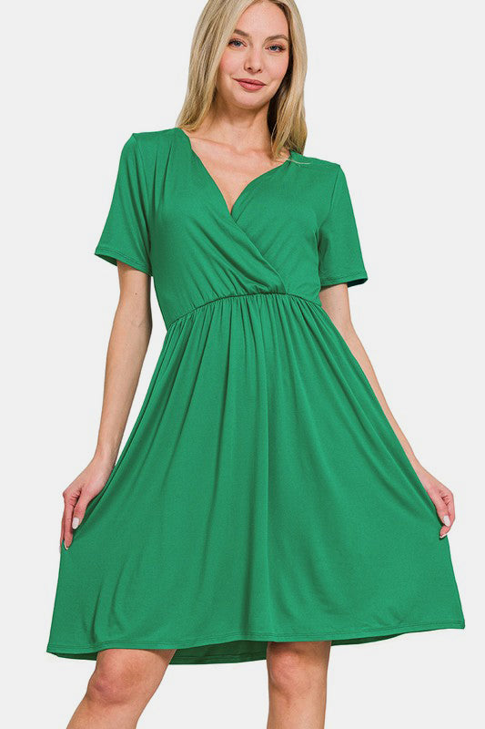 Zenana Surplice Short Sleeve Brushed DTY Dress Green