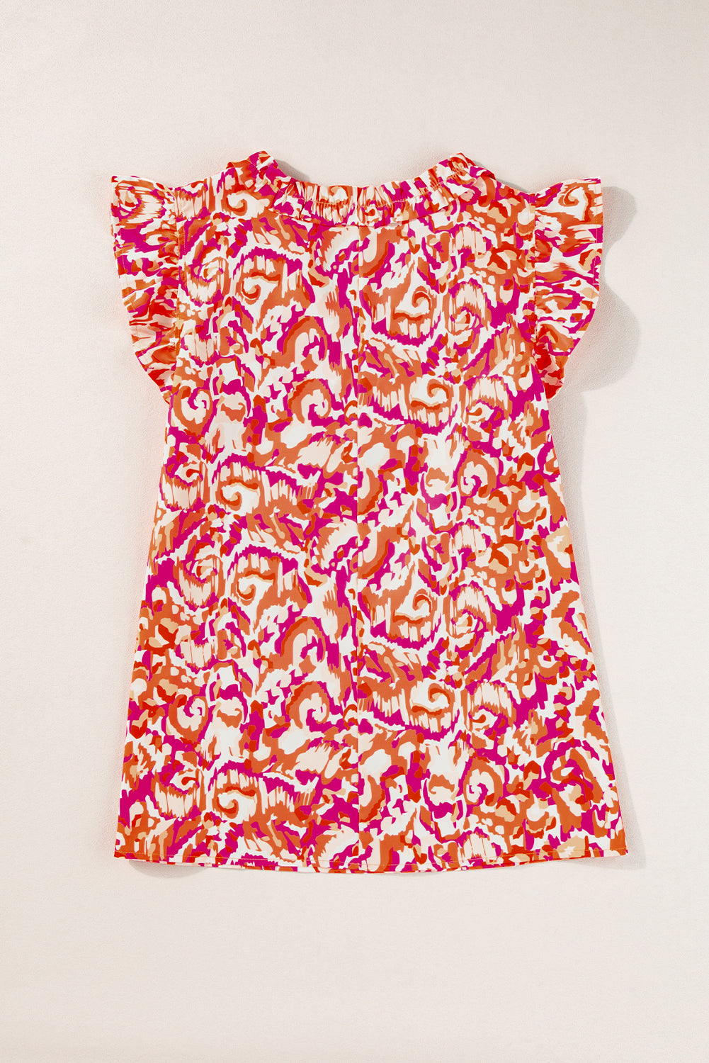 Orange Abstract Print Ruffled Trim Tied Split Neck Tank Top