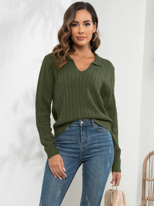 Johnny Collar Cable-Knit Long Sleeve Sweater Army Green