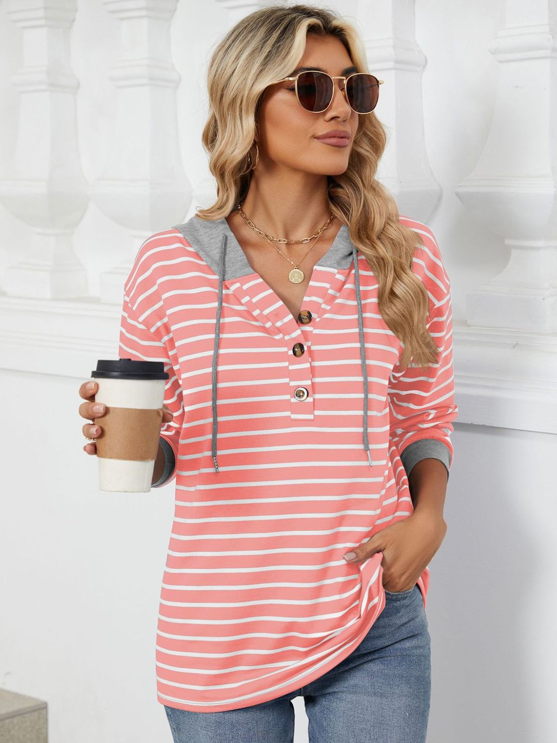 Drawstring Striped Long Sleeve Hoodie Watermelon pink