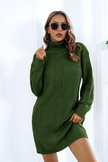 Openwork Turtleneck Long Sleeve Sweater Dress Green