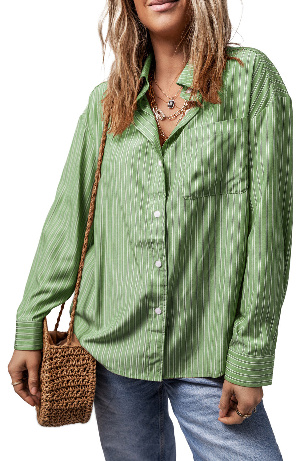 Striped Button Up Long Sleeve Shirt Gum Leaf