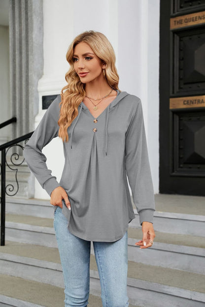 Long Sleeve Hooded Blouse Light Gray