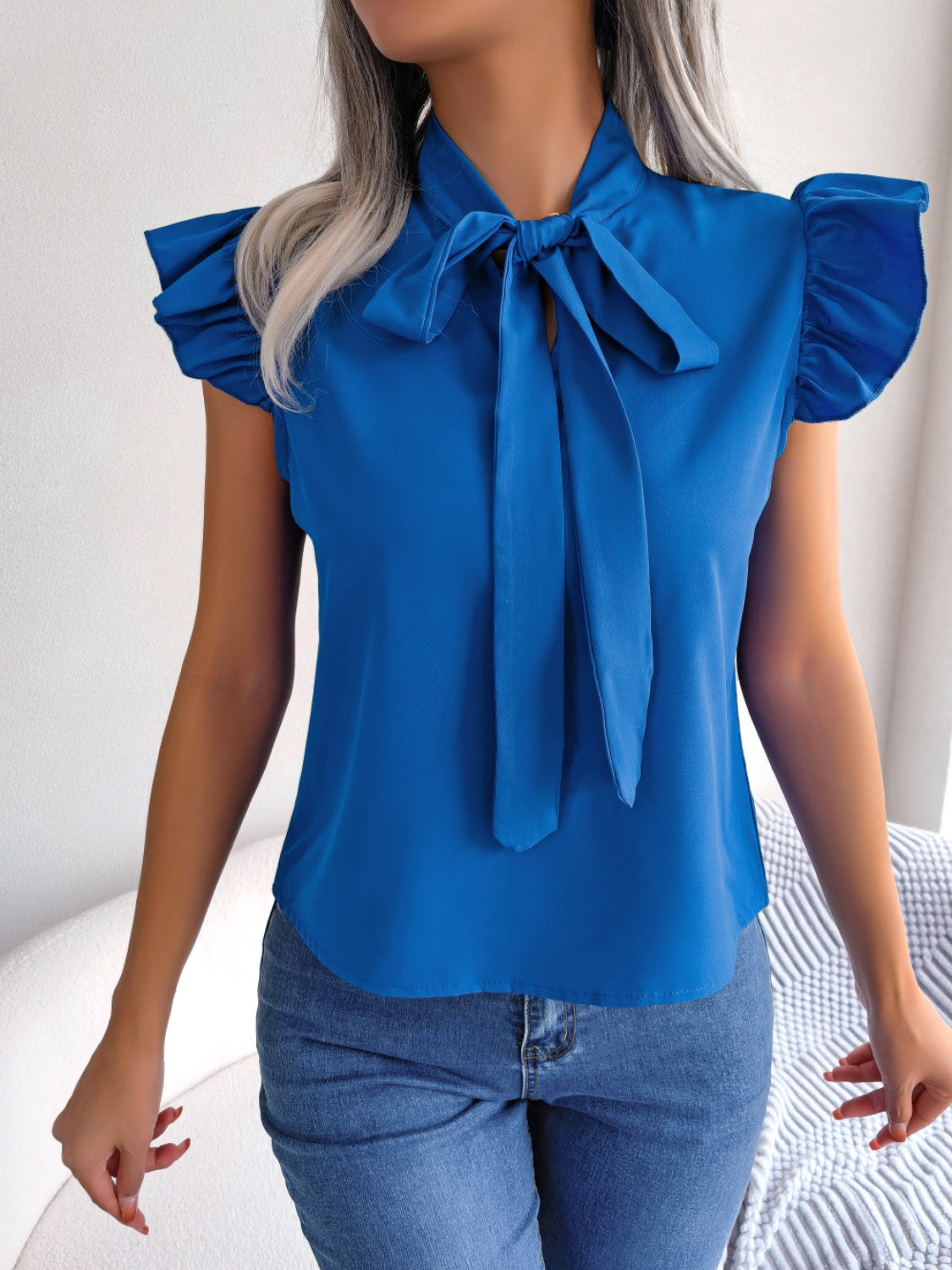 Tie Neck Cap Sleeve Blouse - Thandynie