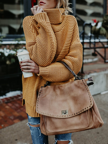 Turtleneck Dropped Shoulder Slit Sweater Caramel