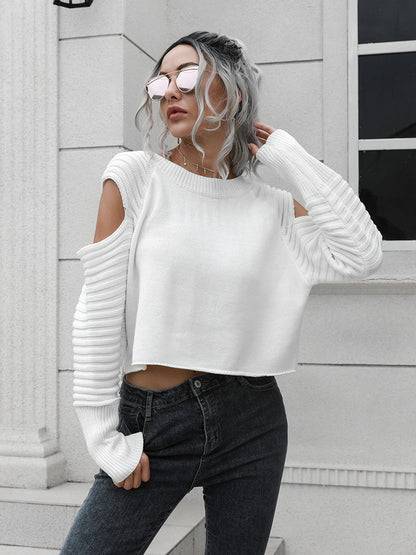 Cold-Shoulder Ribbed Trim Sweater White