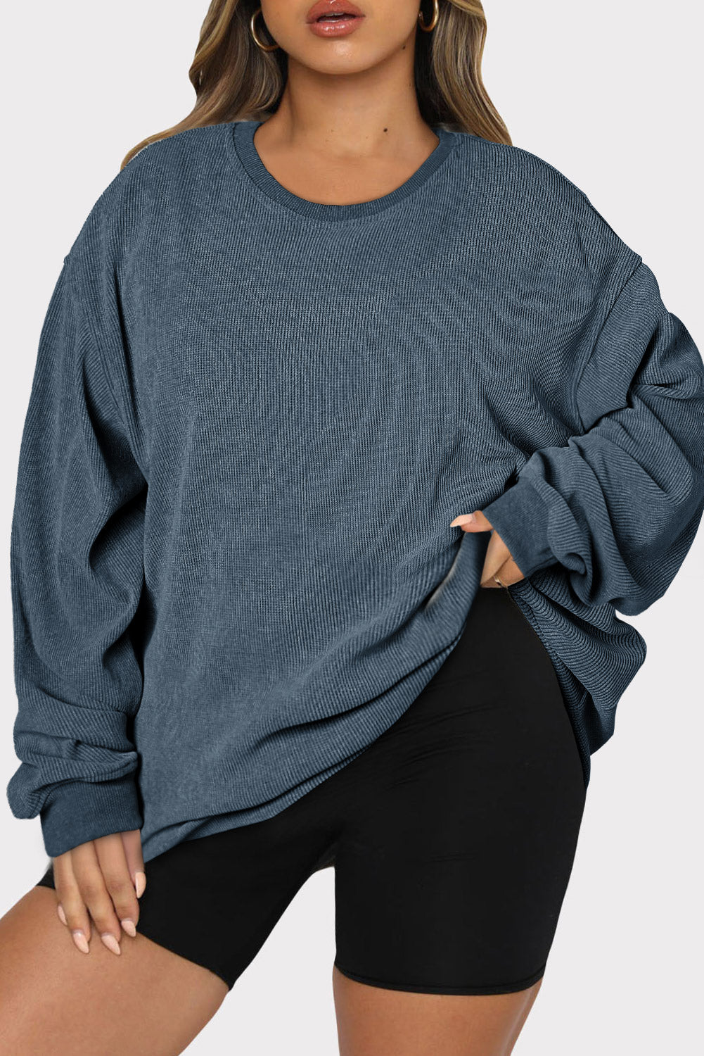 Blue Plus Size Corded Round Neck Sweatshirt