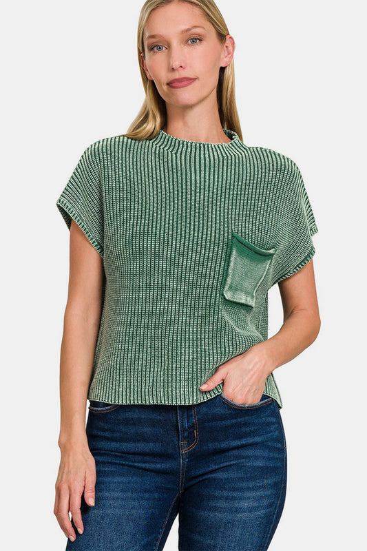 Zenana Washed Mock Neck Short Sleeve Cropped Sweater | Trendy & Versatile Women's Knitwear Dk Green