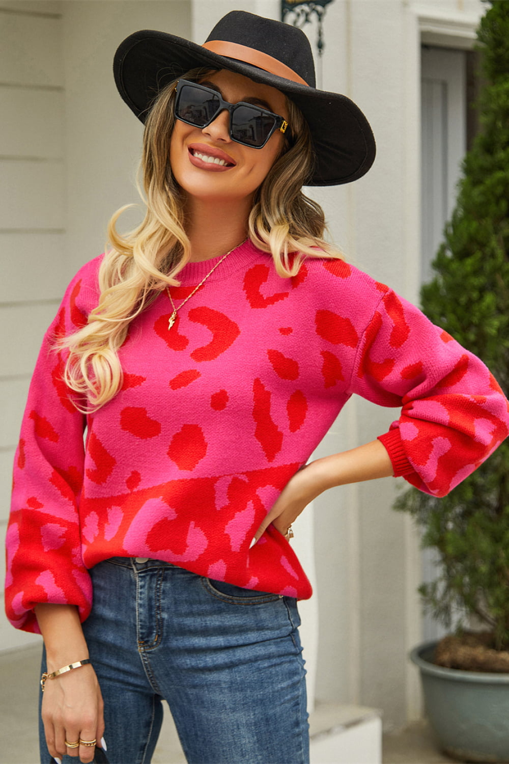 Woven Right Leopard Round Neck Dropped Shoulder Sweater Hot Pink