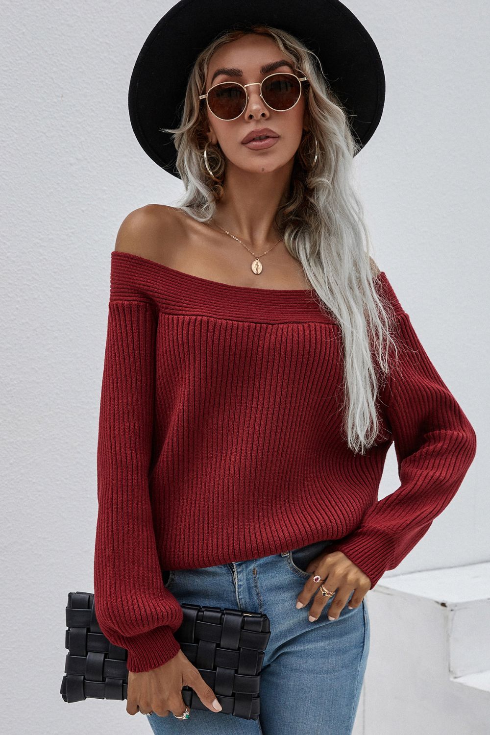 Off-Shoulder Rib-Knit Sweater Red