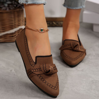 knitted Slip-On Flats with Bow Brown