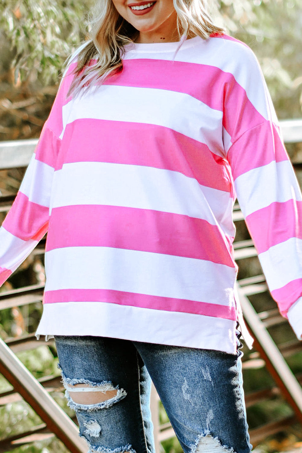 Pink Striped Side Slit Plus Size Sweatshirt Pink 95%Polyester+5%Elastane