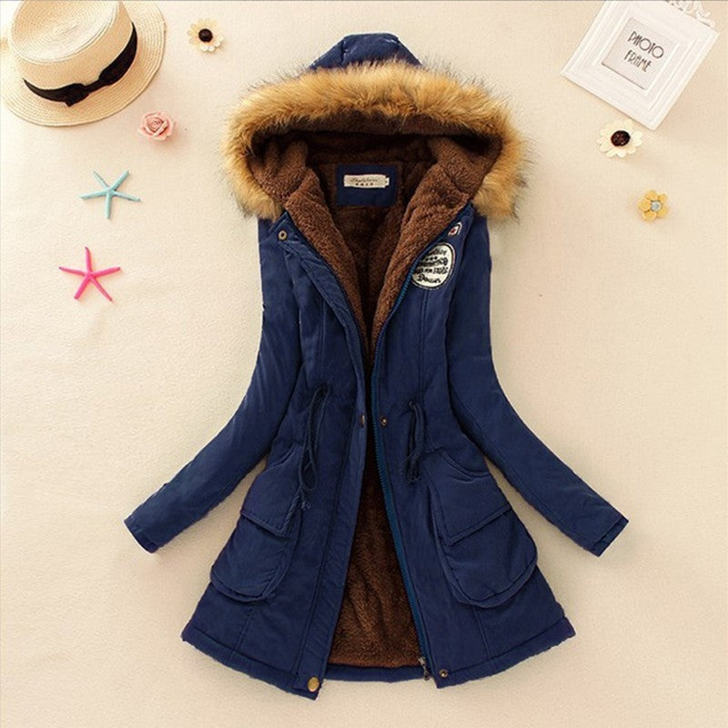 Long Women's Cotton-Padded Jacket With Wool Collar Navy blue