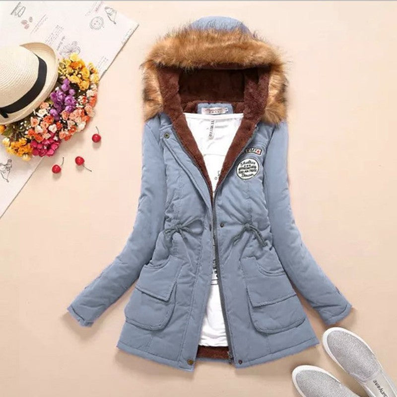 Long Women's Cotton-Padded Jacket With Wool Collar Light blue