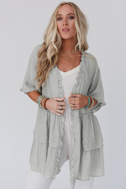 Gray Ruffled Trim Half Sleeve Open Front Kimono