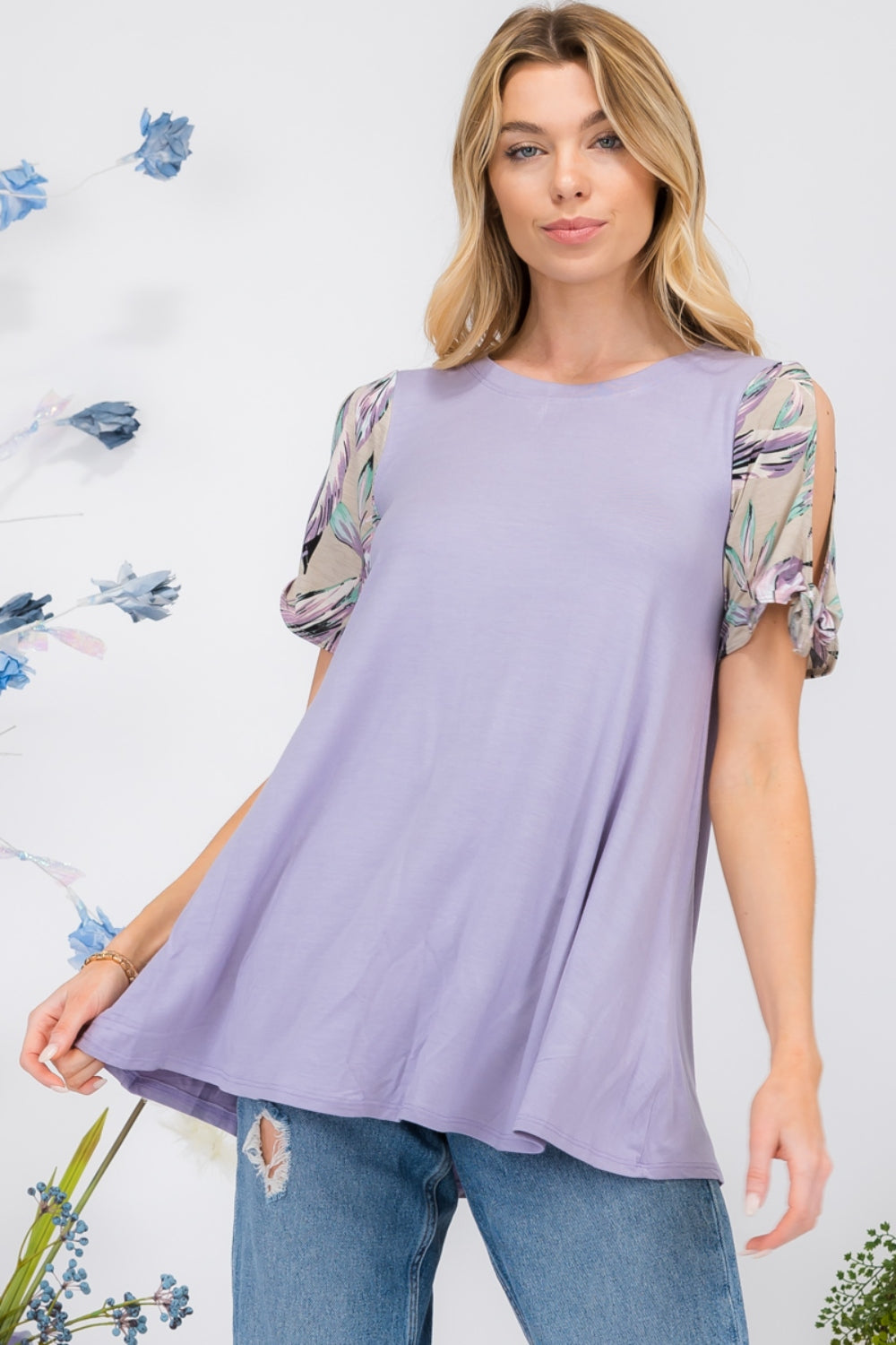 Celeste Full Size Open Tie Sleeve Round Neck Blouse Lilac