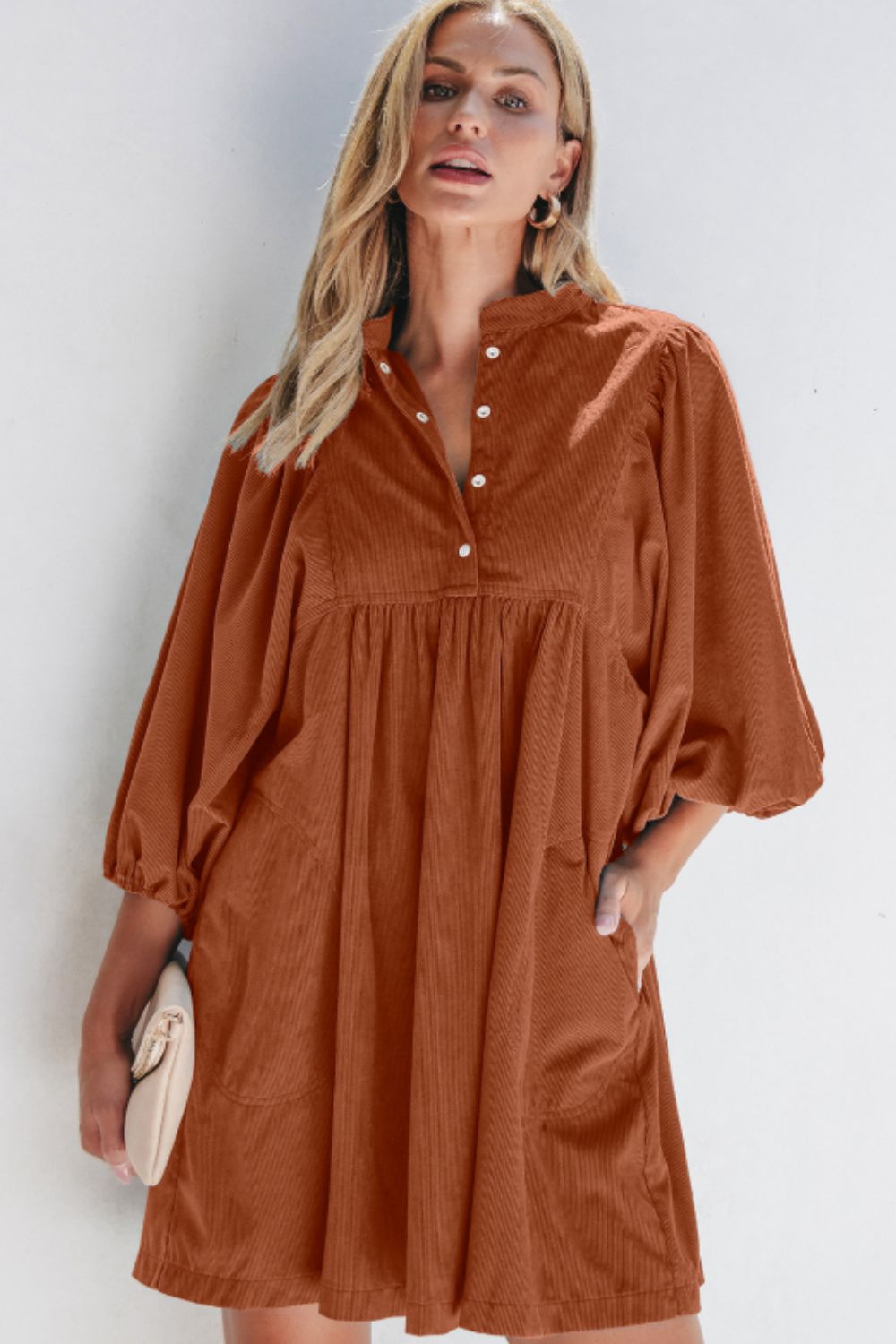 Corduroy Quarter Snap Three-Quarter Sleeve Dress