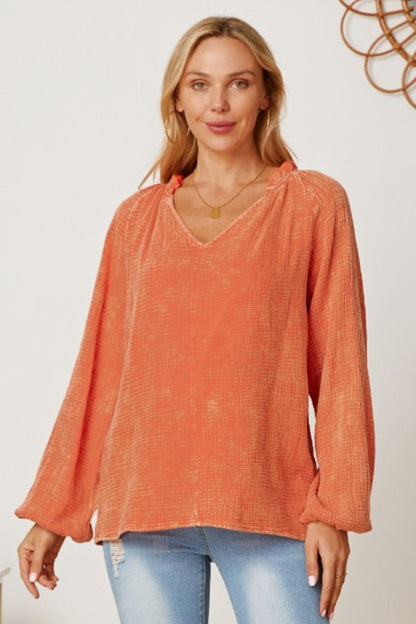 Frill V-Neck Balloon Sleeve Blouse Tangerine