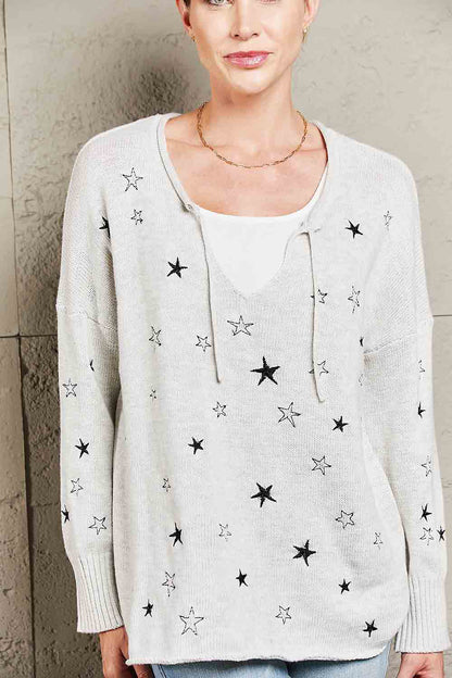 Woven Right Star V-Neck Roll Hem Drop Shoulder Sweater