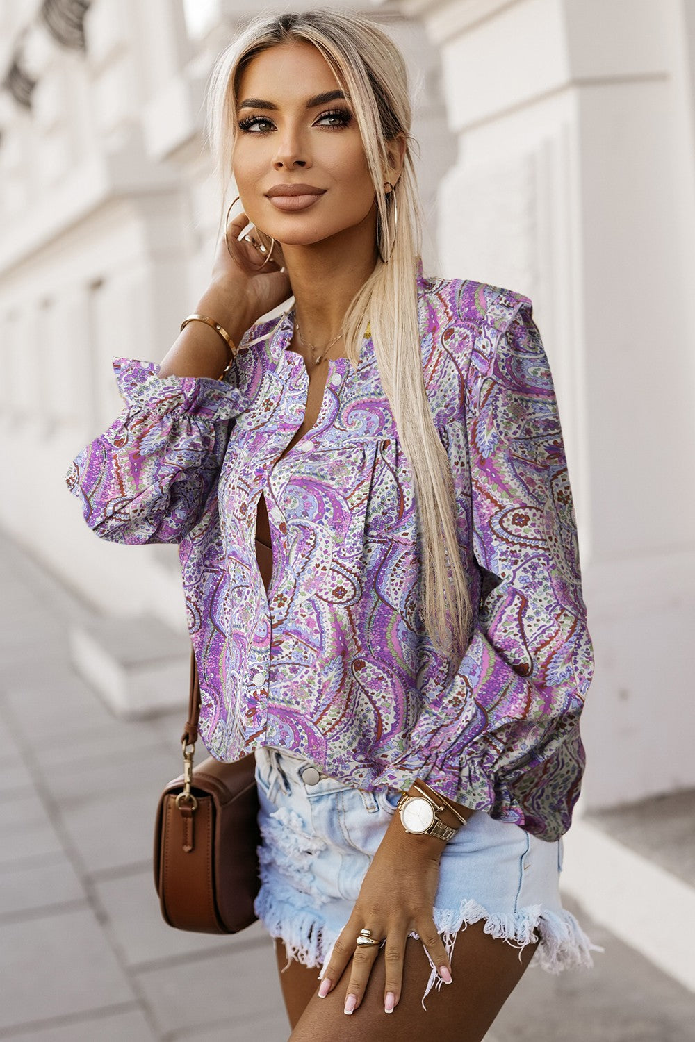 Printed Frill Flounce Sleeve Shirt - Thandynie