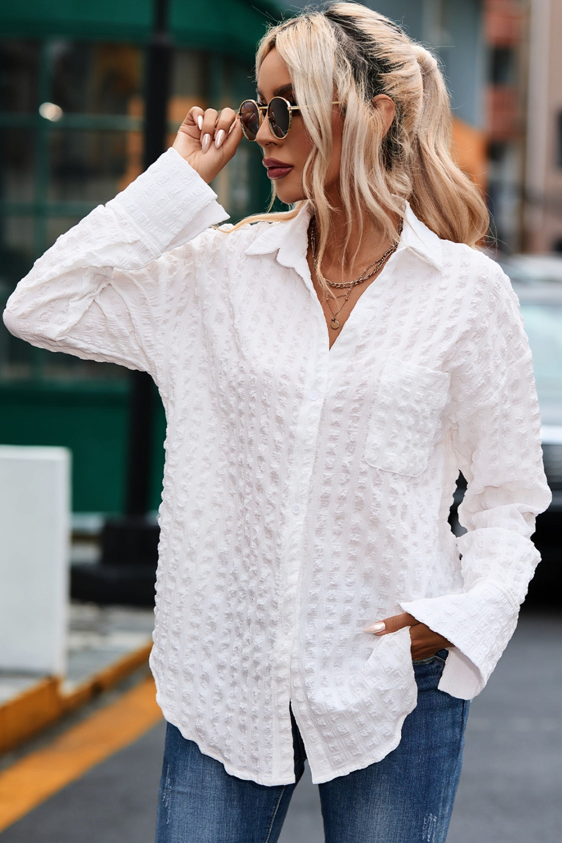 Textured Button Up Shirt with Pocket White