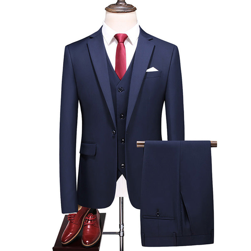 Men's Three-Piece Solid Color Suit for Evening Events, Banquets, or Weddings. Navy Blue