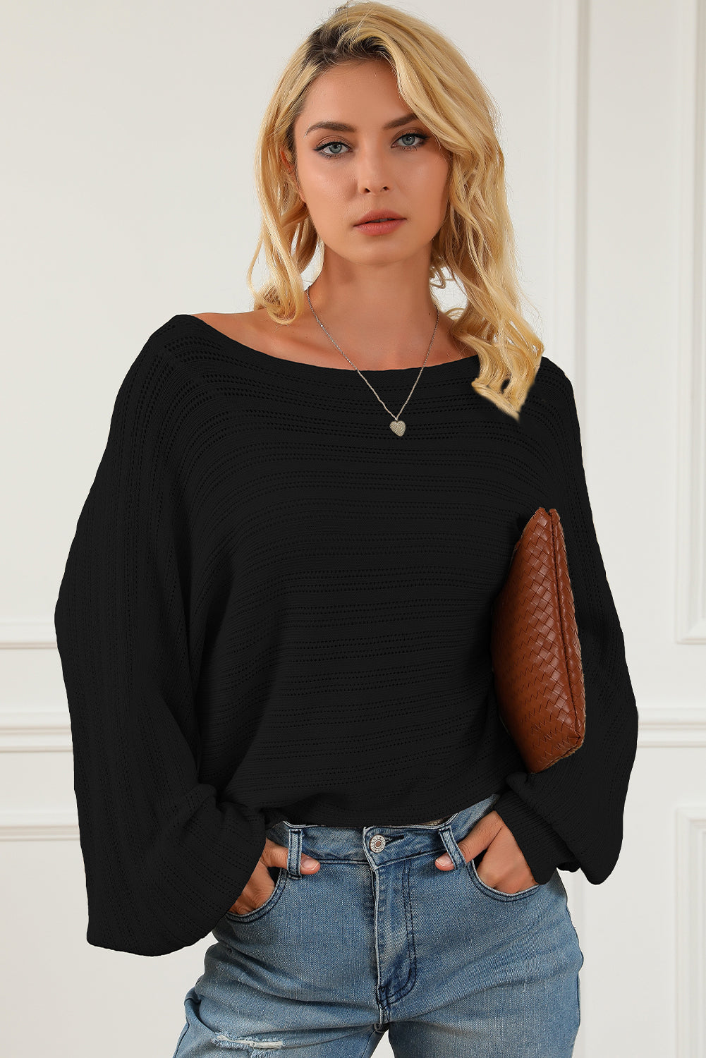 Openwork Boat Neck Lantern Sleeve Sweater Black