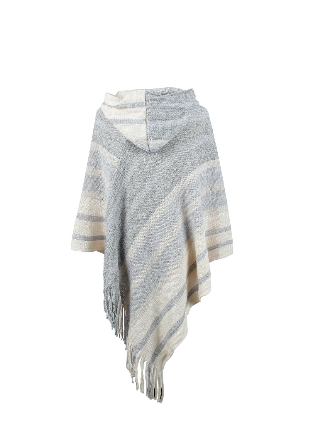 Striped Fringe Hem Hooded Poncho - Thandynie