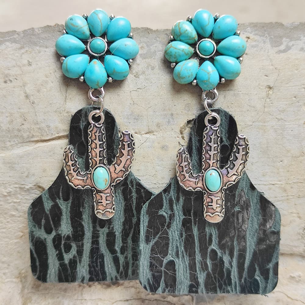 Turquoise Cactus Dangle Earrings Dark Gray One Size