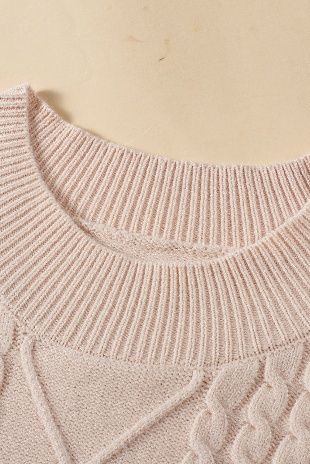 Oatmeal Plus Cable Knit Short Ruffled Sleeve Mock Neck Sweater