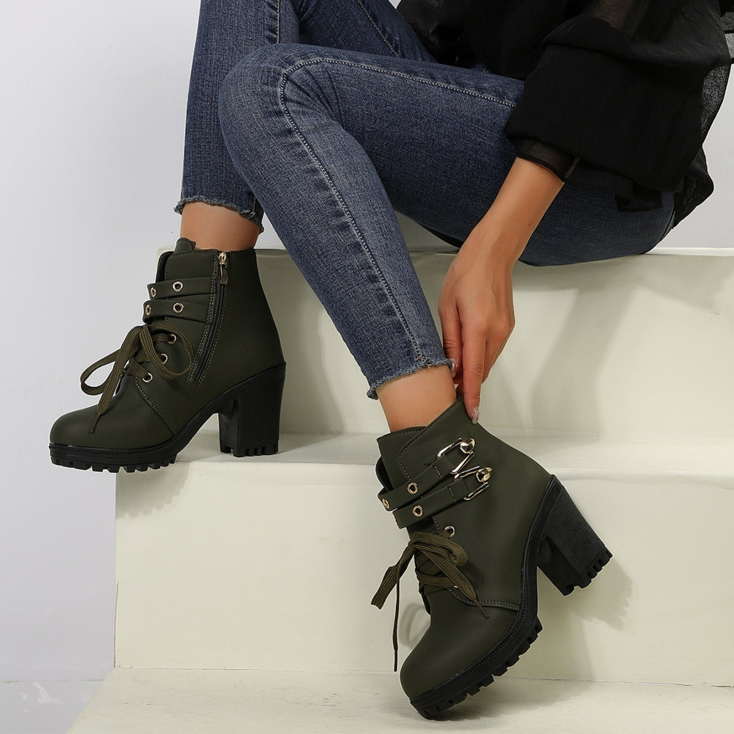 PU Leather Round Toe Block Heel Boots Army Green