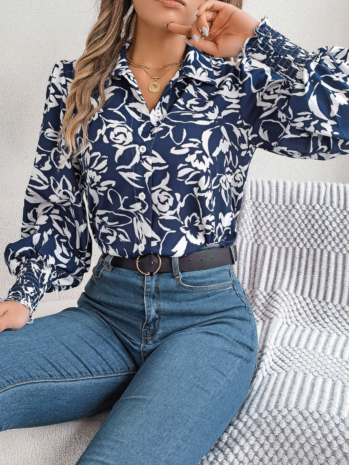 Printed Collared Neck Lantern Sleeve Shirt - Thandynie