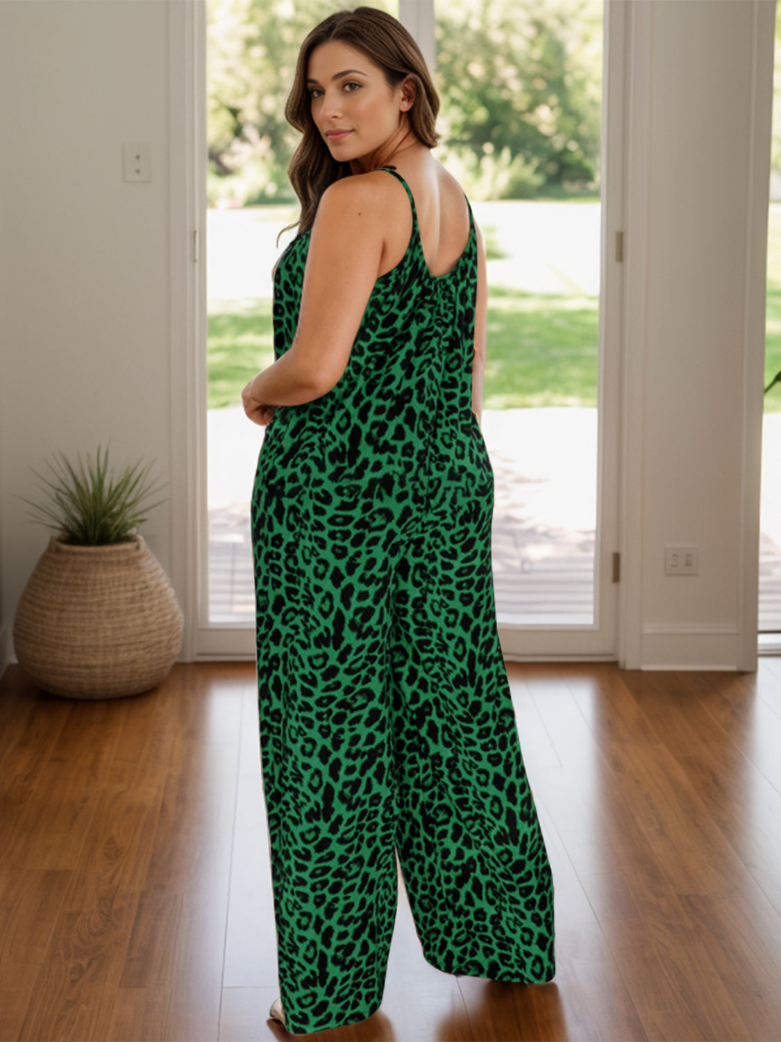 Full Size Leopard Scoop Neck Wide Leg Jumpsuit