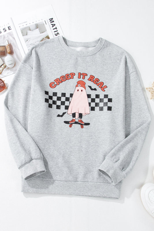 Light Grey Creep It Real Ghost Print Plus Size Sweatshirt Light Grey 50%Polyester+50%Cotton