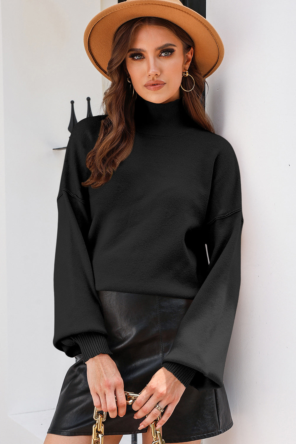 Turtleneck Lantern Sleeve Sweater Black