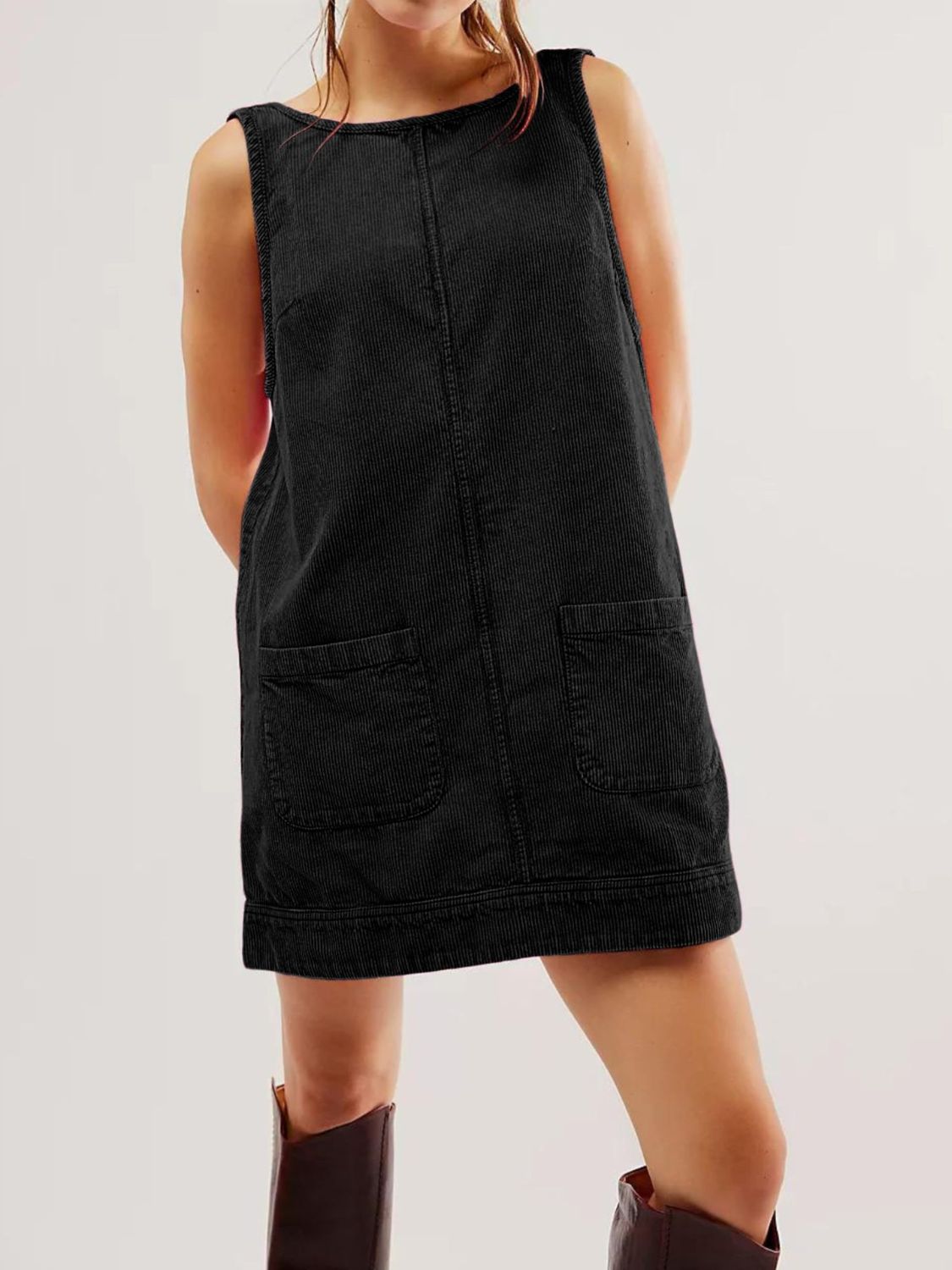 Mandy Round Neck Wide Strap Mini Dress with Pockets Black