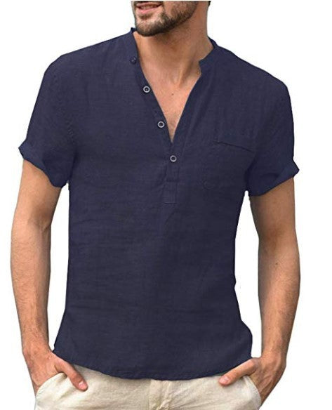 Men's Casual Linen Polo Shirt Dark blue