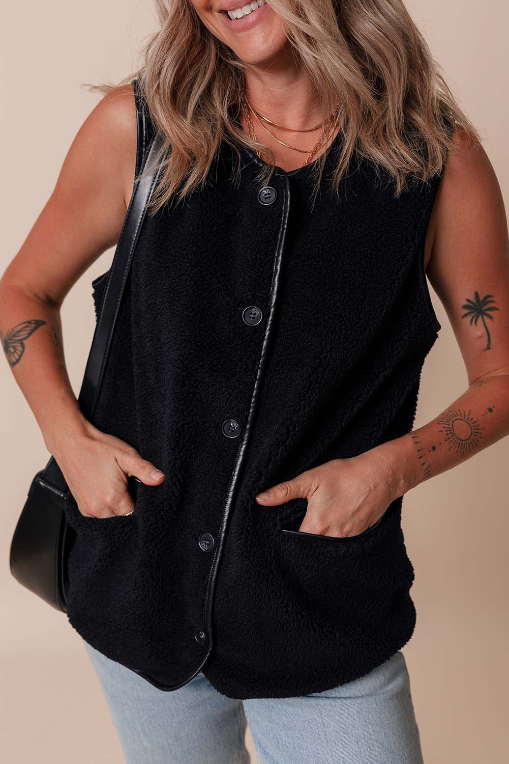 Black Leather Contrast Side Pockets Buttoned Fleece Vest