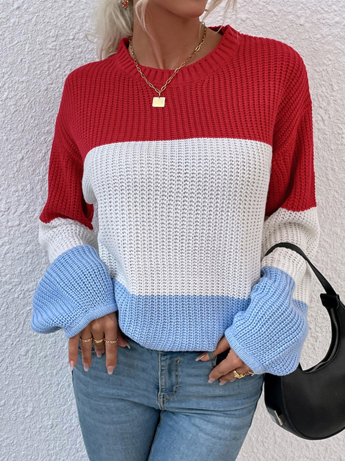 Color Block Round Neck Sweater Deep Red