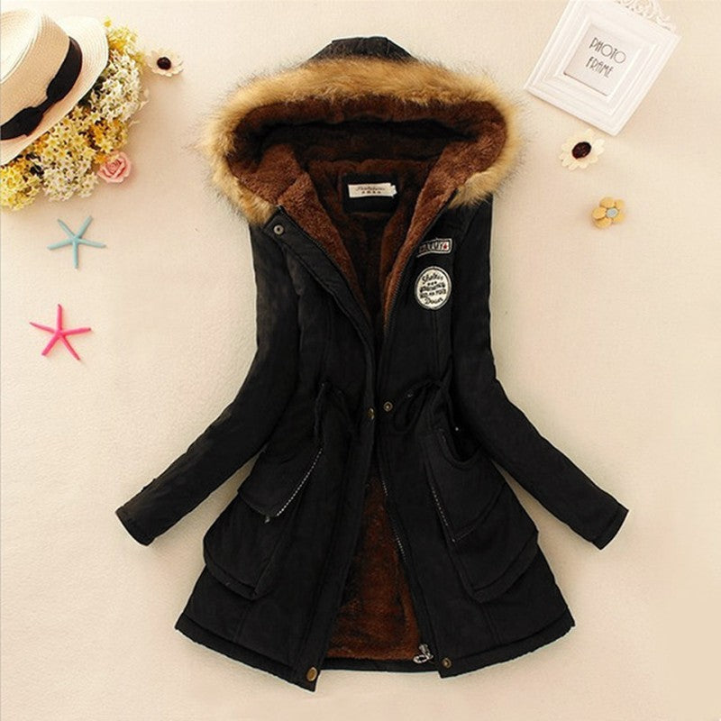 Long Women's Cotton-Padded Jacket With Wool Collar Black