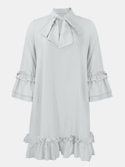 Frill Tie Neck Three-Quarter Sleeve Dress White