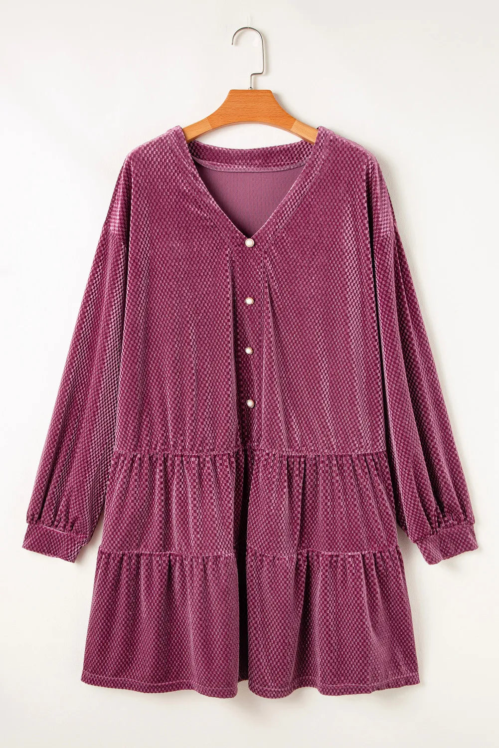 Plus Size Textured Velvet Decorative Button Long Sleeve Dress Moonlit Mauve